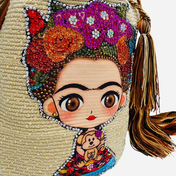 NEW 100% Authentic Handcrafted Wayuu Mochila Bag | Frida Kahlo + Crystals 🎨 - Picture 8 of 12